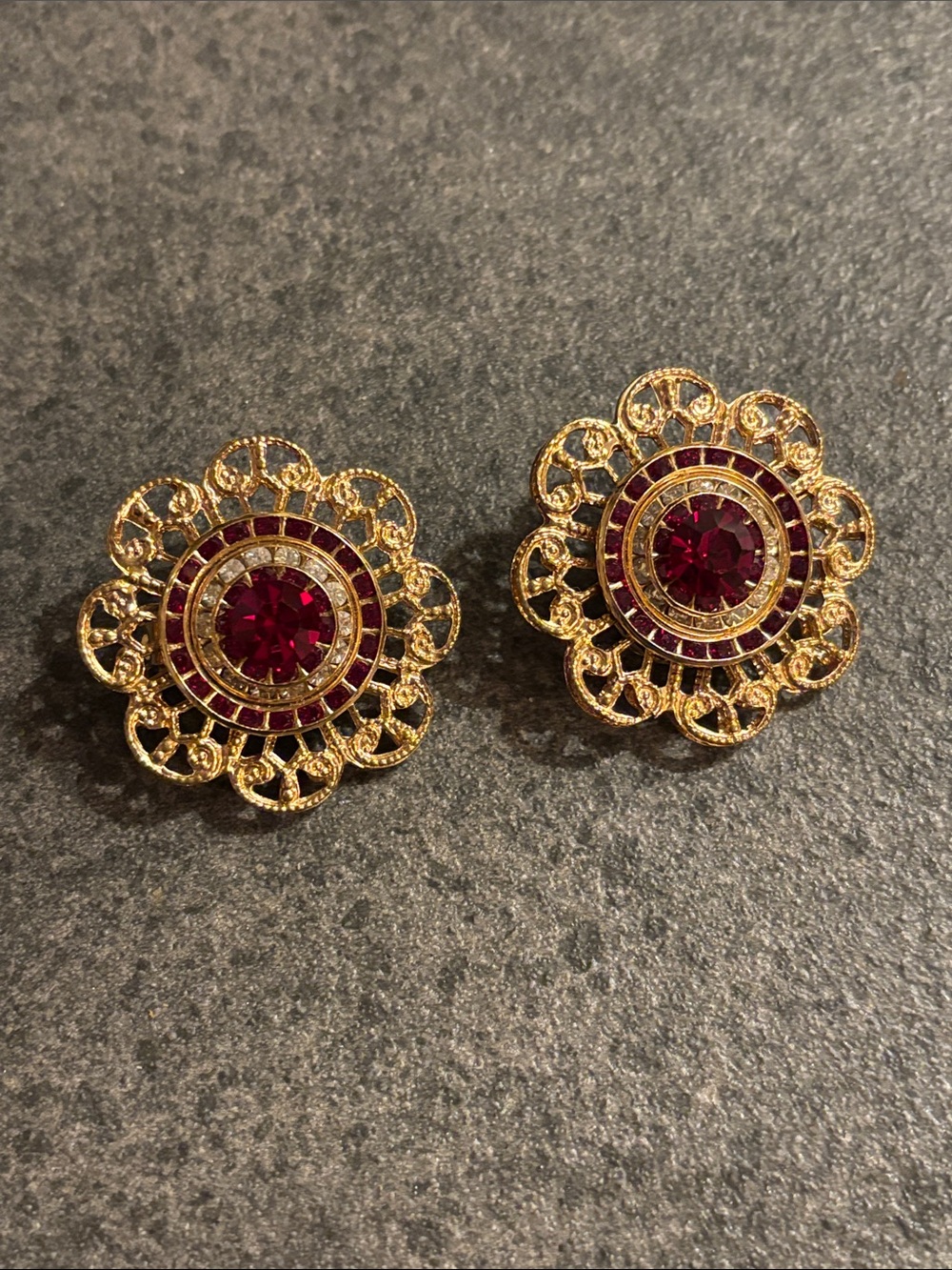 Vintage Gold-Tone Floral Clip-On Earrings with Ruby Red Center